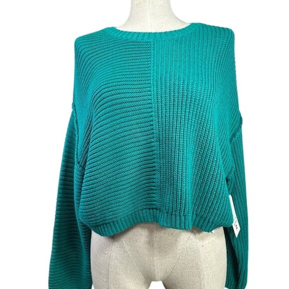 BILLABONG Crop Sweater Sz L Emerald Teal Knit Oversized Long Sleeve Cotton Blend - Picture 2 of 15